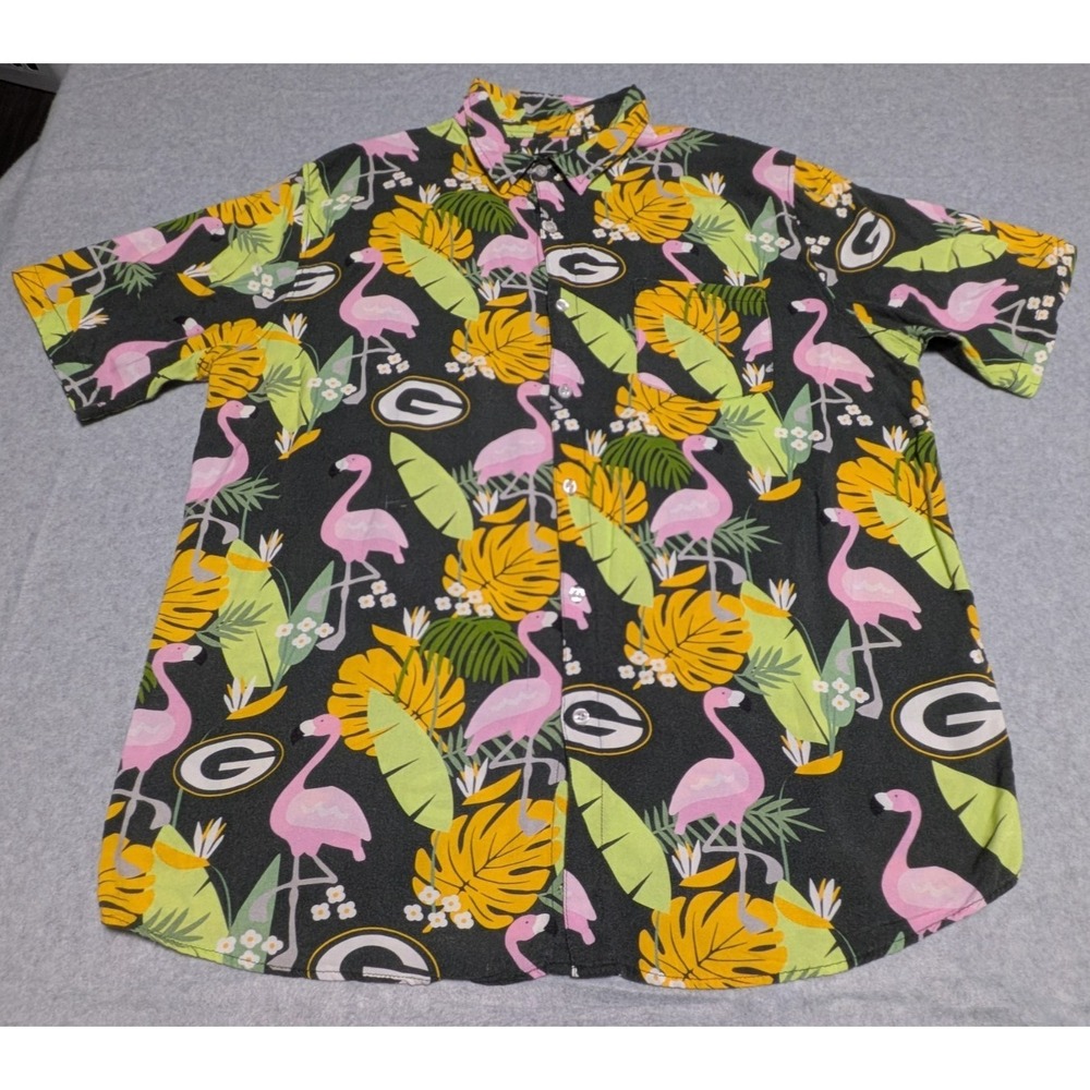 NFL Team Apparel Men's Green Bay Packers Flamingo Hawaiian Shirt Size XL *FLAW*